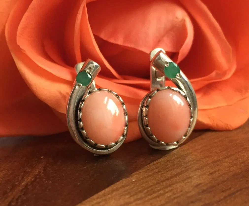 Coral Earrings - Teardrop Emerald Earrings - Pink Oval Earrings