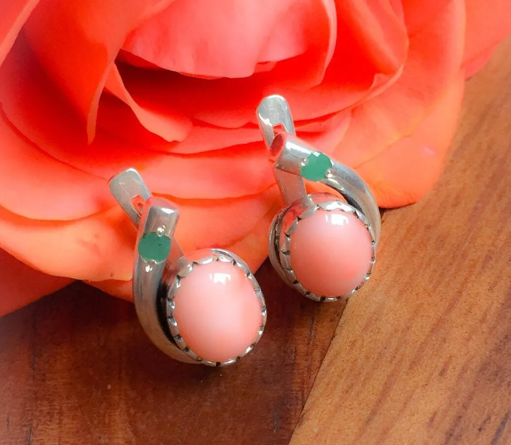 Coral Earrings - Teardrop Emerald Earrings - Pink Oval Earrings