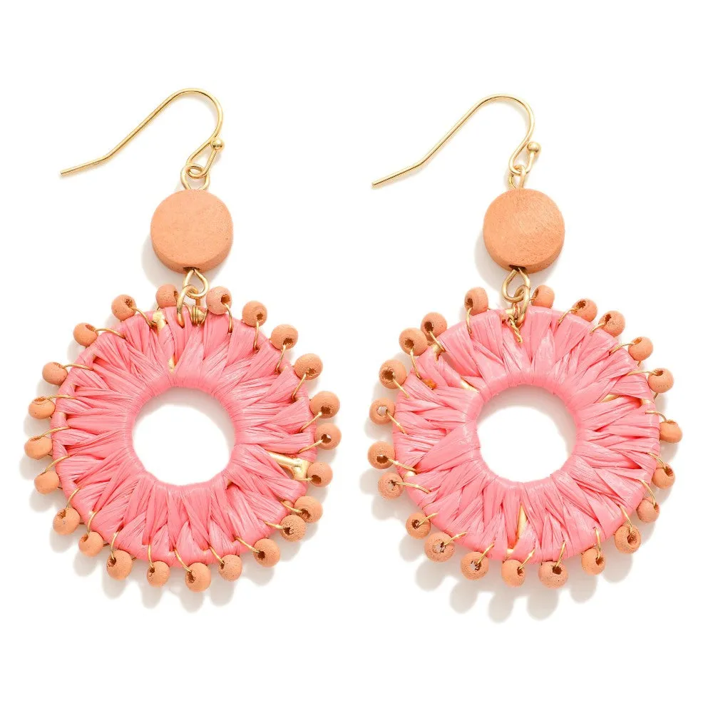 Coral Raffia Wrapped Hoop Drop Earrings