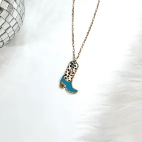 Cowgirl Dreams Gold Necklace with Boot Pendant in Turquoise and Faux Hide Dotted Print
