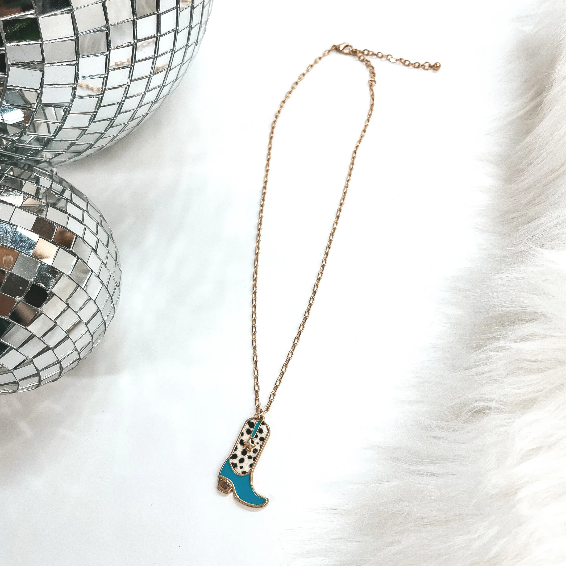 Cowgirl Dreams Gold Necklace with Boot Pendant in Turquoise and Faux Hide Dotted Print