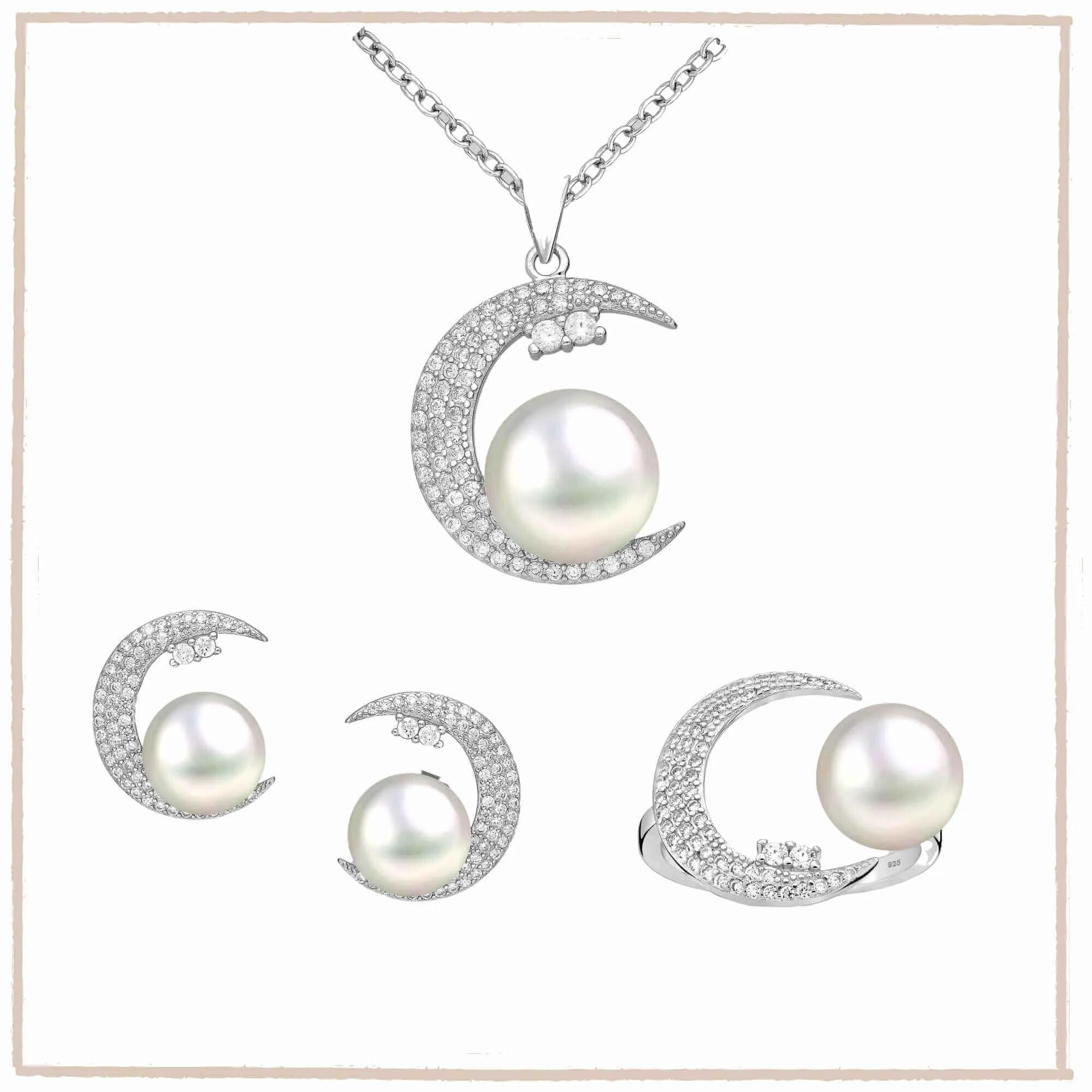 Crescent Moon & Freshwater Pearl Sterling Silver Pendant, Earrings Ring