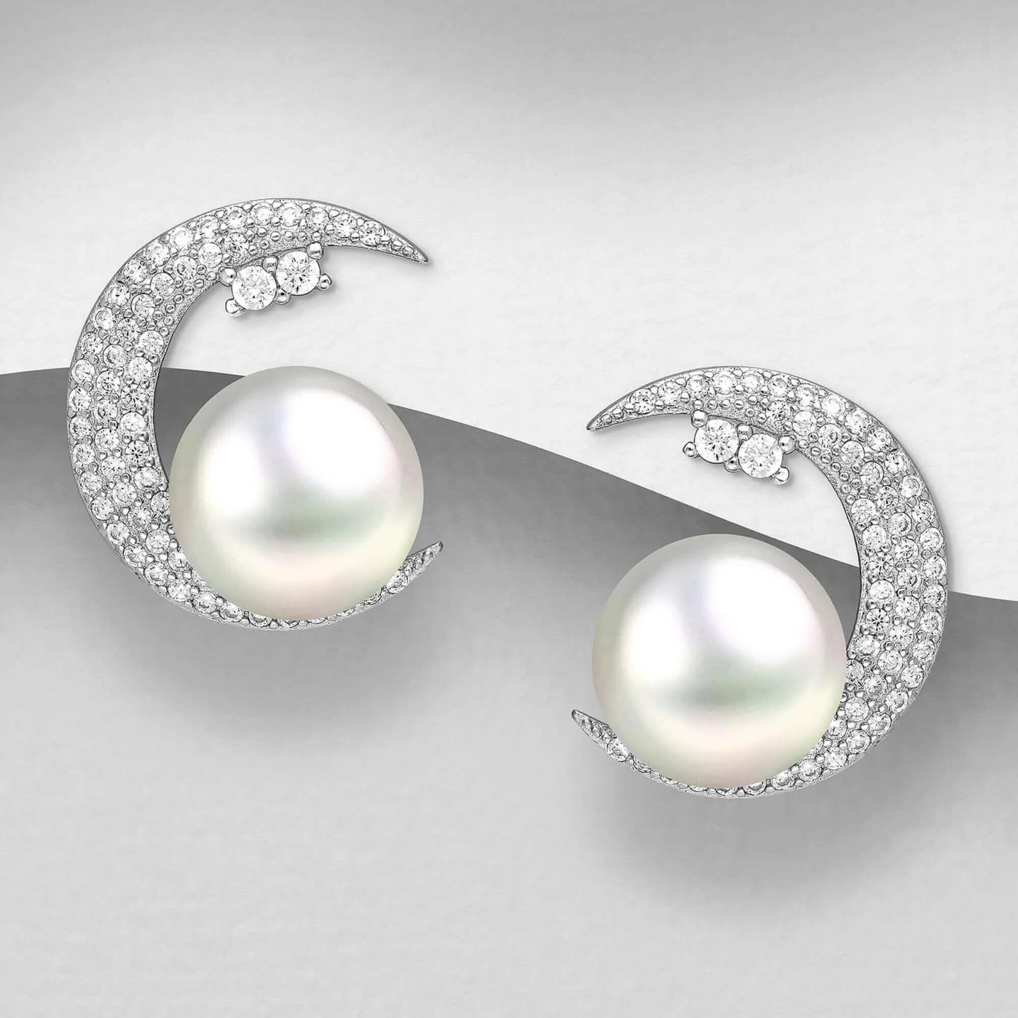 Crescent Moon & Freshwater Pearl Sterling Silver Pendant, Earrings Ring