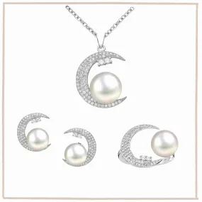 Crescent Moon & Freshwater Pearl Sterling Silver Pendant, Earrings Ring