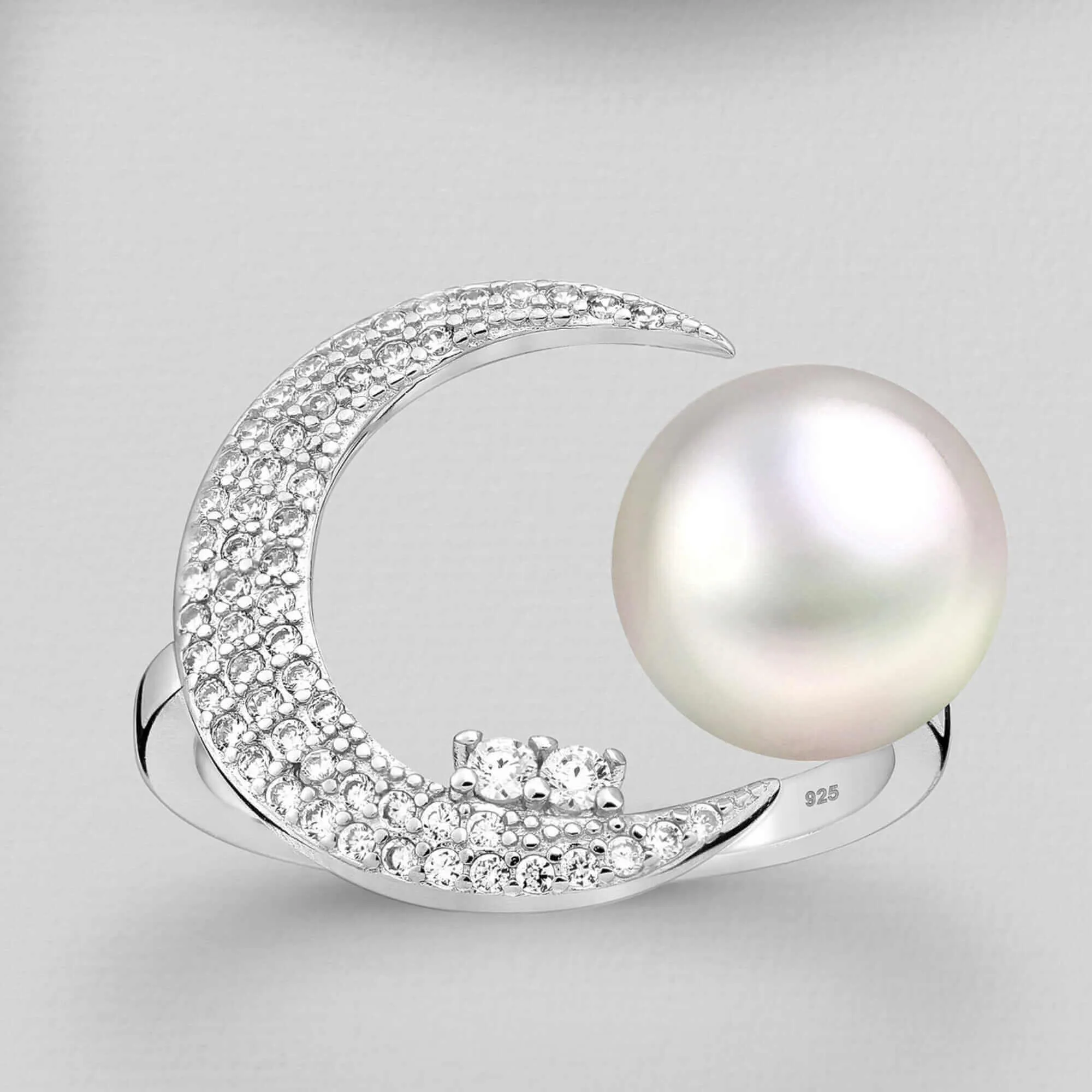 Crescent Moon & Freshwater Pearl Sterling Silver Pendant, Earrings Ring
