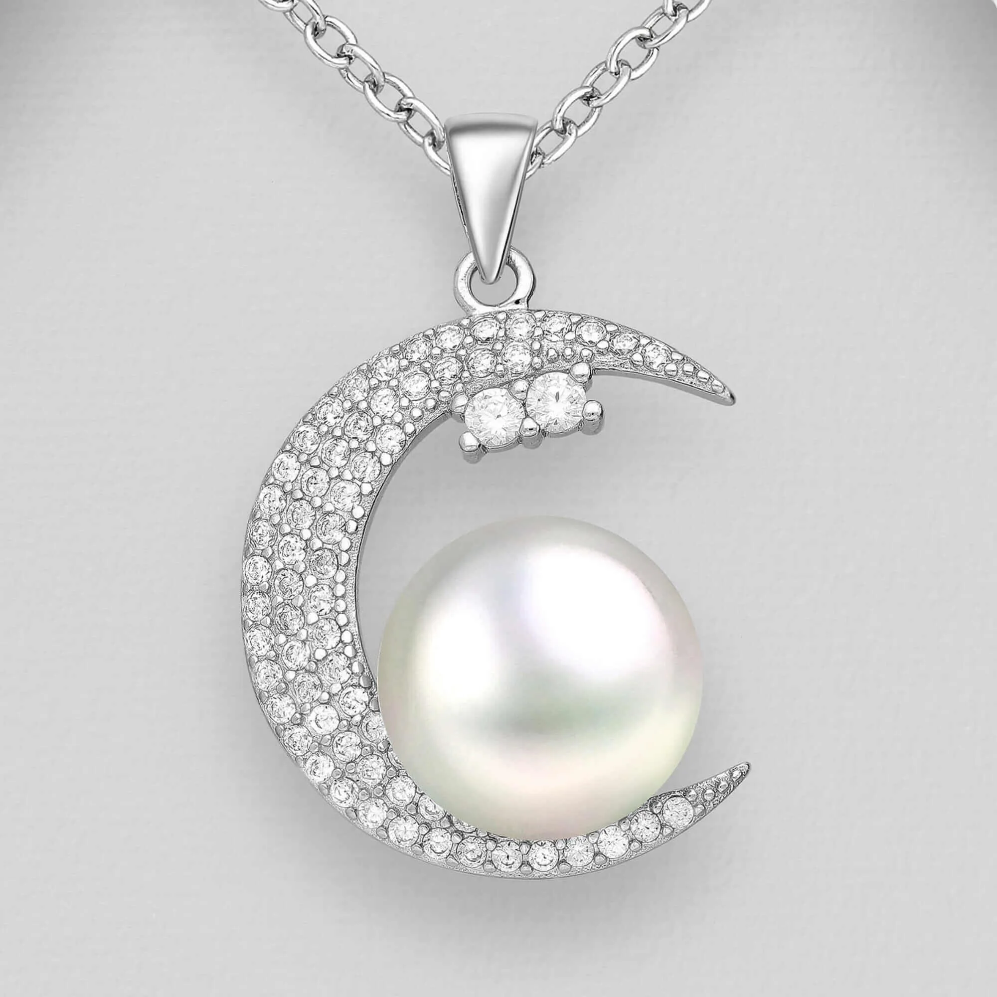 Crescent Moon & Freshwater Pearl Sterling Silver Pendant, Earrings Ring