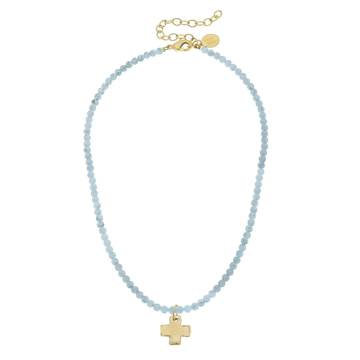 Dainty Beaded Cross Necklace - Light Blue