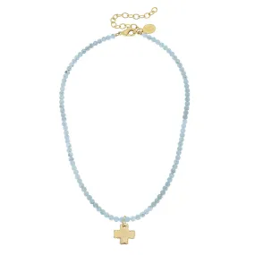 Dainty Beaded Cross Necklace - Light Blue