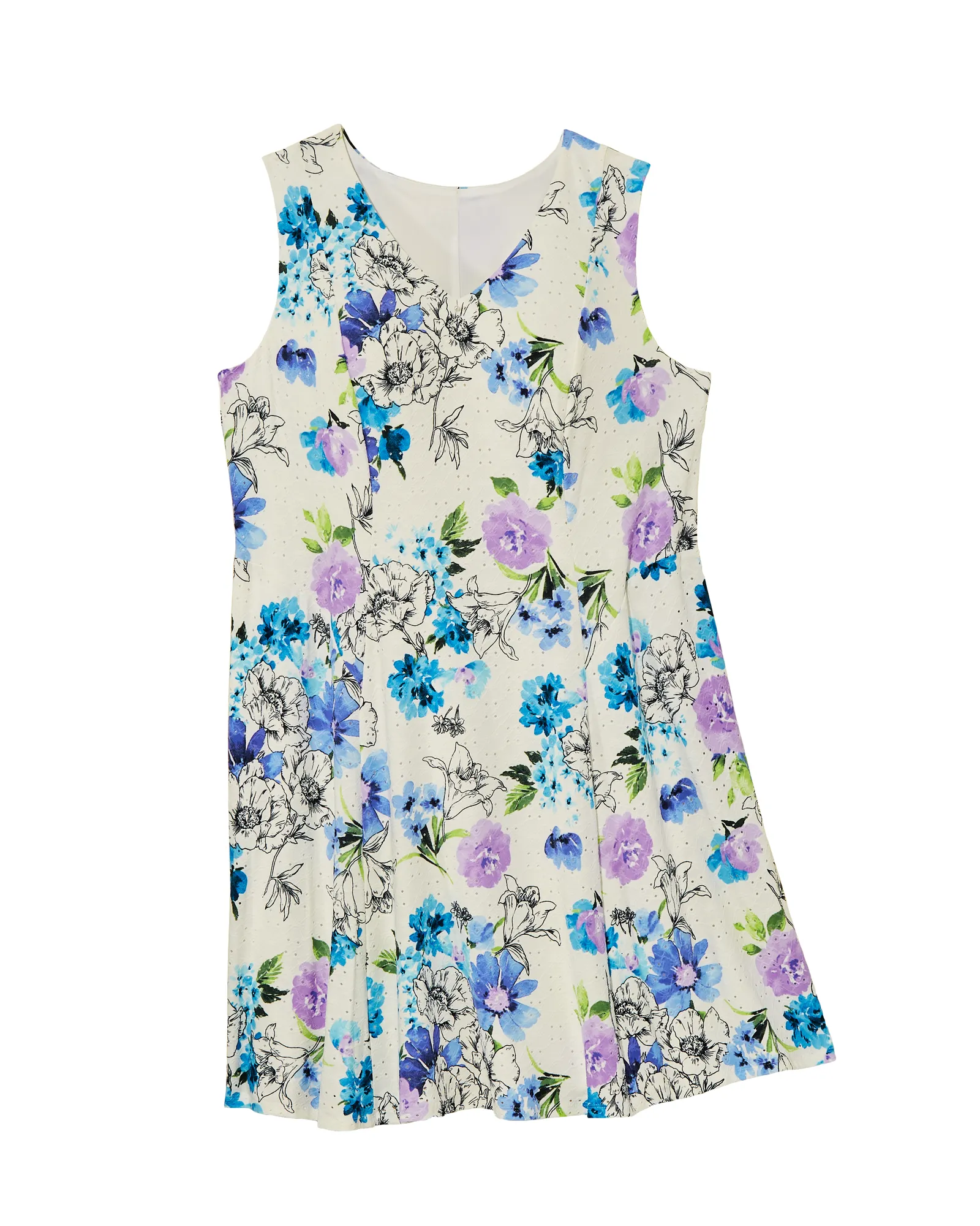 Daphne Eyelet Sleeveless Dress | White / Light Blue