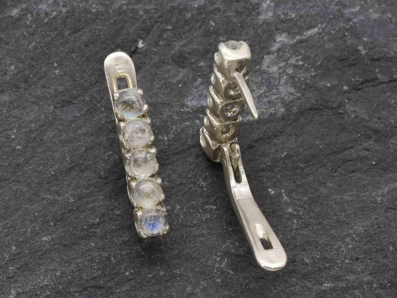 Drop Moonstone Earrings - Natural Rainbow Moonstone - White Bar Earrings