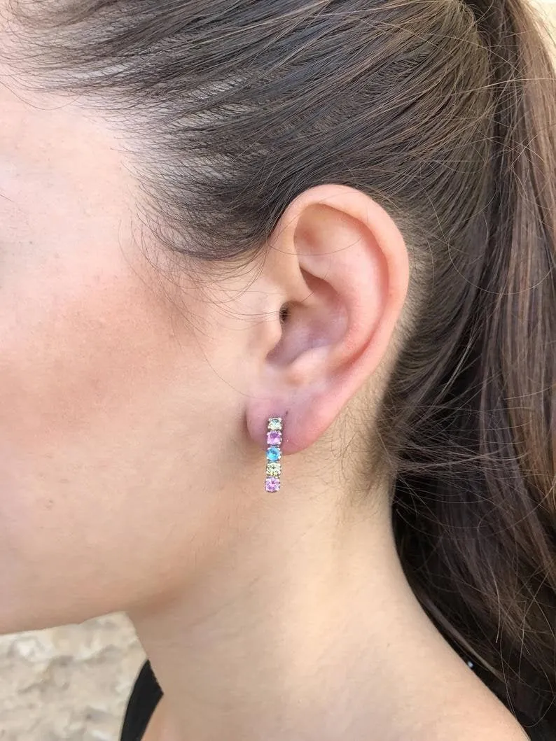Drop Moonstone Earrings - Natural Rainbow Moonstone - White Bar Earrings