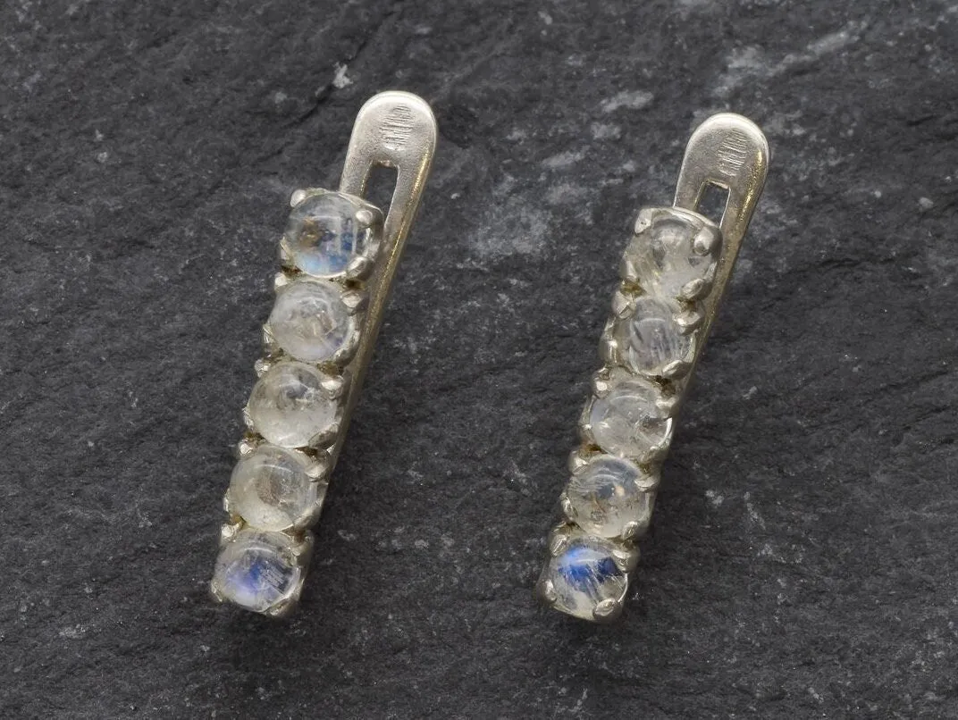 Drop Moonstone Earrings - Natural Rainbow Moonstone - White Bar Earrings