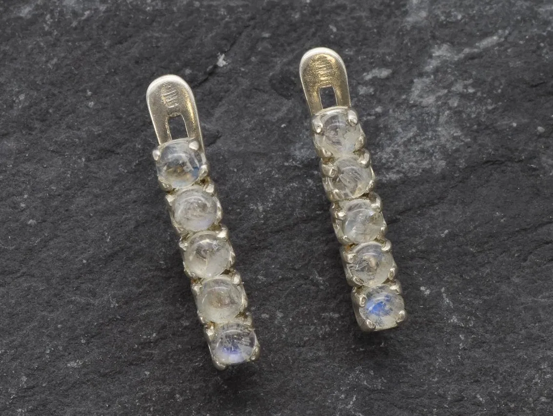 Drop Moonstone Earrings - Natural Rainbow Moonstone - White Bar Earrings