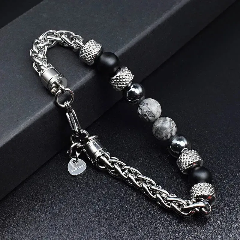 Elviragirl Natural Stone Beaded Bracelet For Women Men Stainless Steel Tiger Eye Bracelets Male Jewelry Size Adjustable