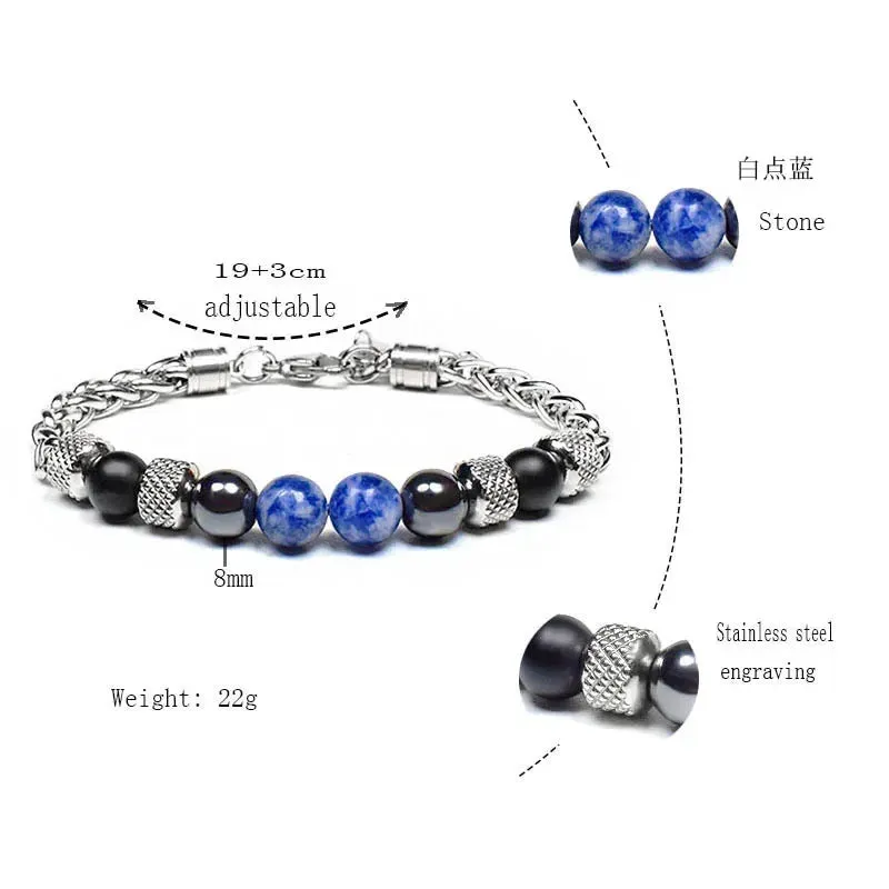 Elviragirl Natural Stone Beaded Bracelet For Women Men Stainless Steel Tiger Eye Bracelets Male Jewelry Size Adjustable