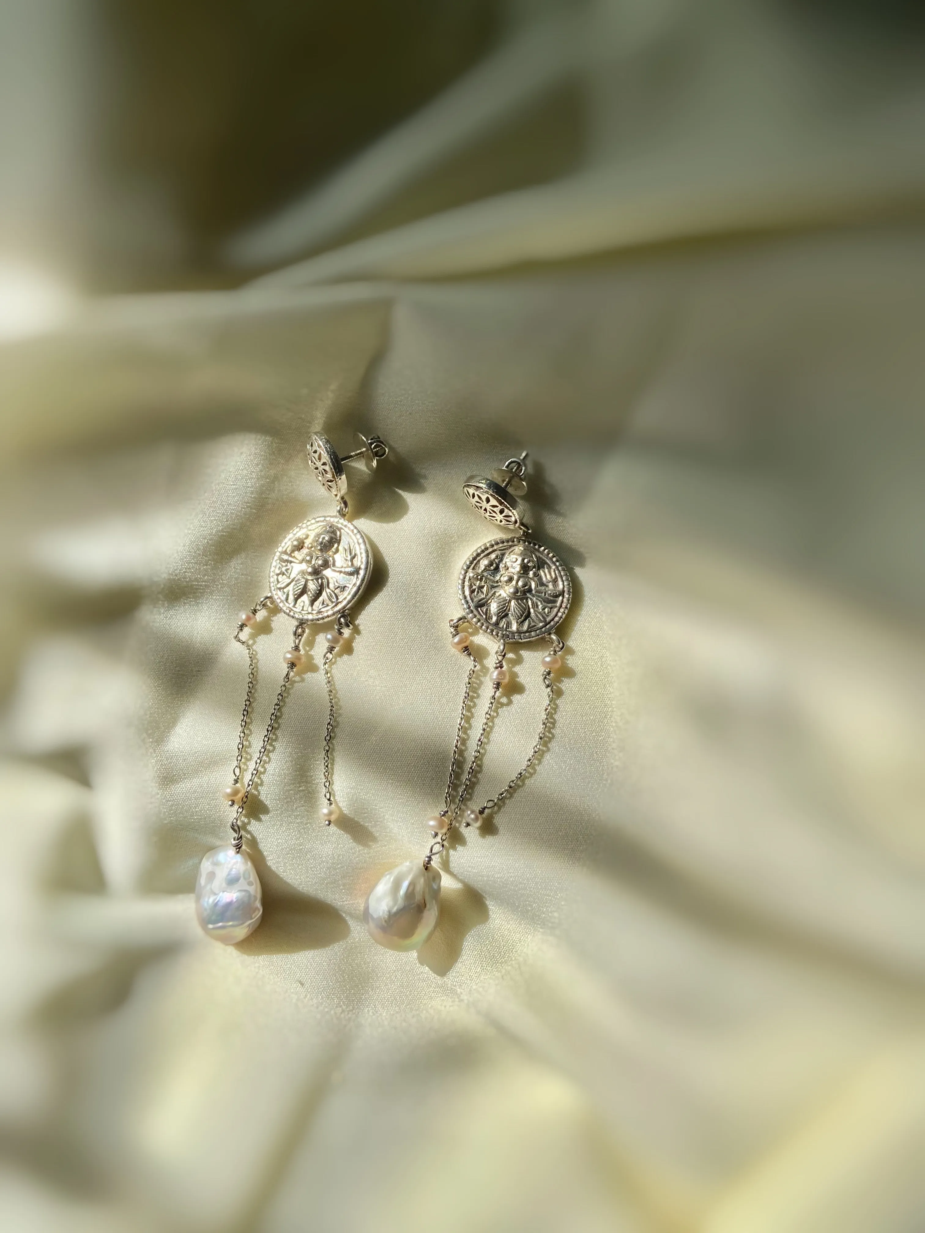 Engraved Coin Baroque Pearl Chandelier Earrings - Silver