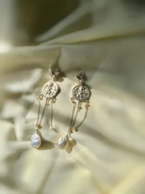 Engraved Coin Baroque Pearl Chandelier Earrings - Silver