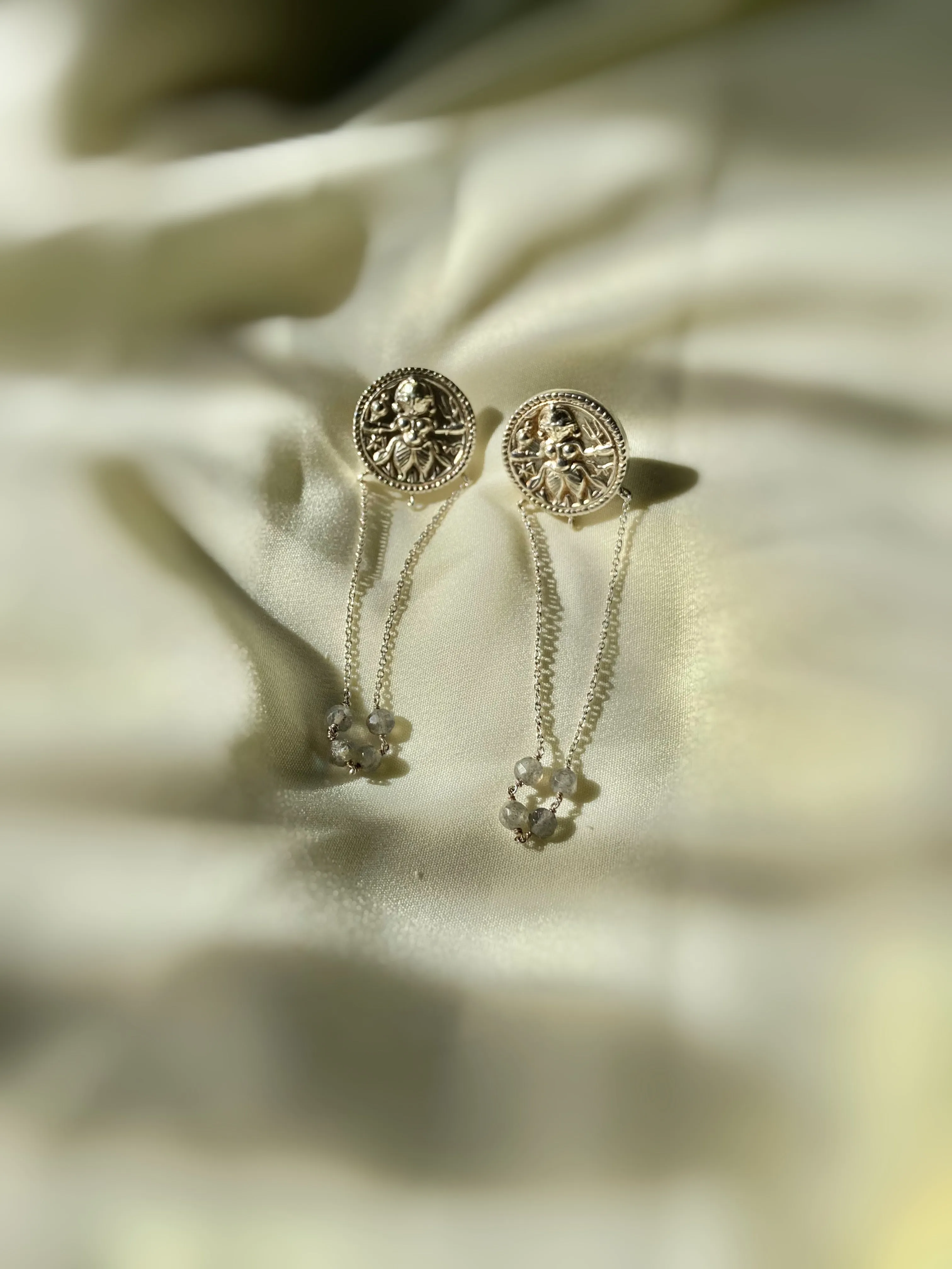 Engraved Coin Chandelier Earrings- Silver