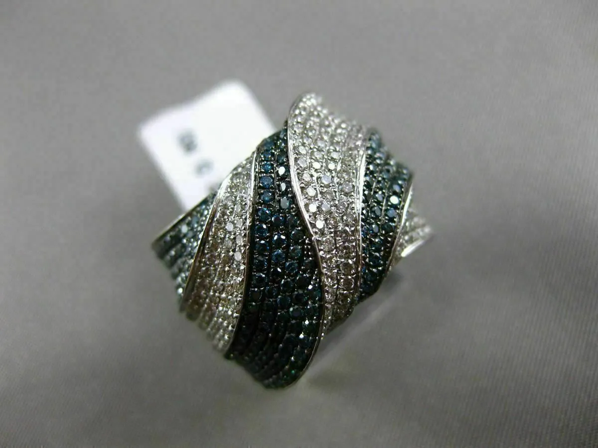 ESTATE X LARGE 1.72CT WHITE & BLUE DIAMOND 14K WHITE GOLD CRISS CROSS FANCY RING
