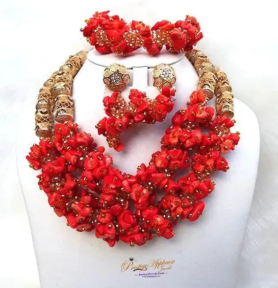 Exclusive PrestigeApplause Coral Traditional Bridal Wedding Coral African Nigerian Necklace Jewellery Set