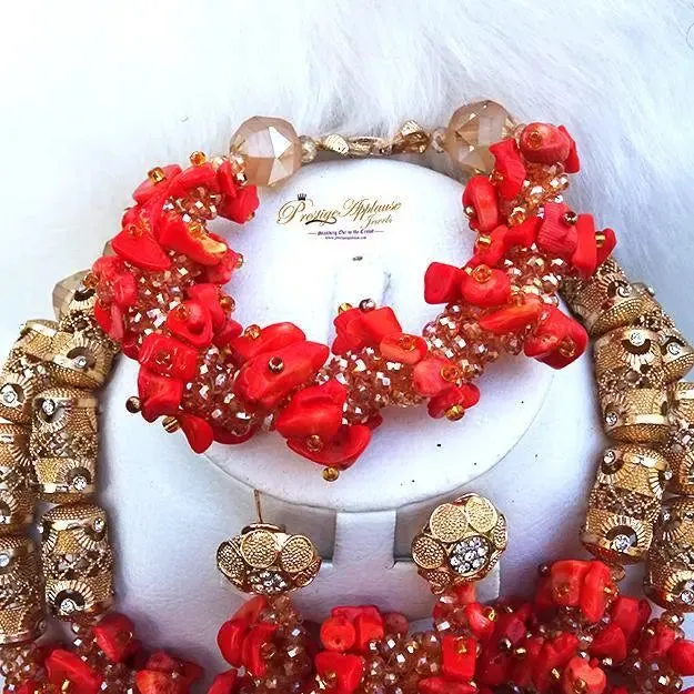 Exclusive PrestigeApplause Coral Traditional Bridal Wedding Coral African Nigerian Necklace Jewellery Set
