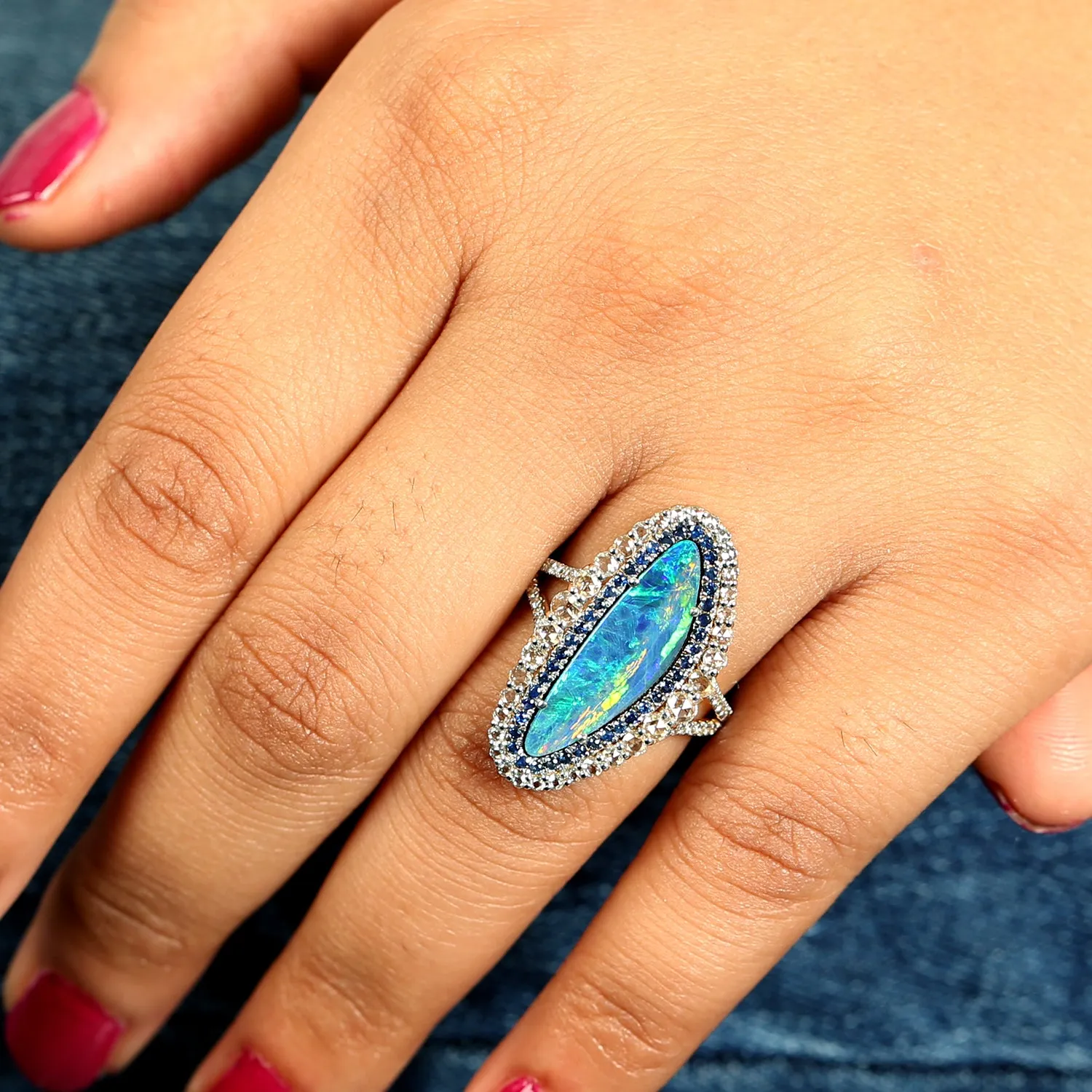 Faceted Blue Sapphire Diamond Trillion Opal Doublet 18k Yellow Gold Handmade Ring Jewelry For Her