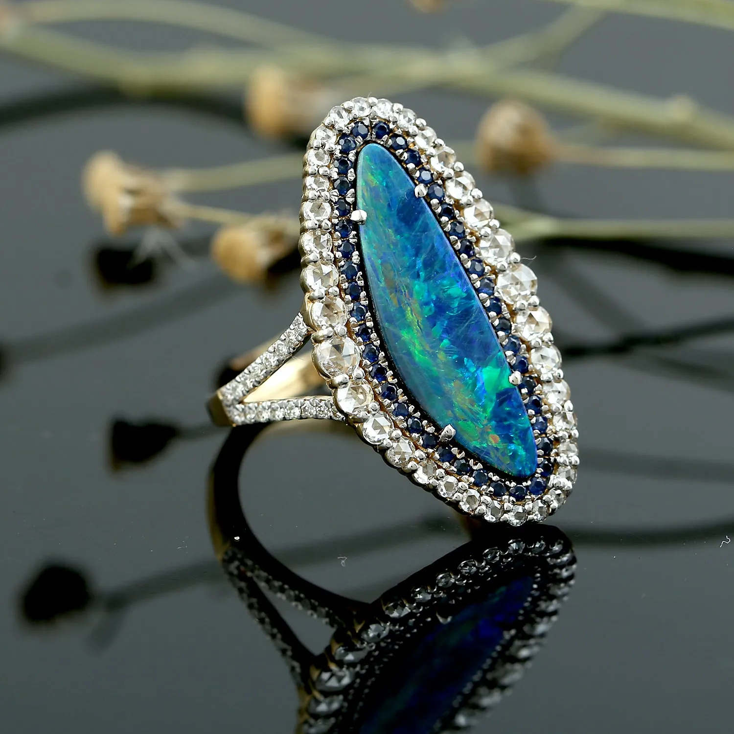 Faceted Blue Sapphire Diamond Trillion Opal Doublet 18k Yellow Gold Handmade Ring Jewelry For Her