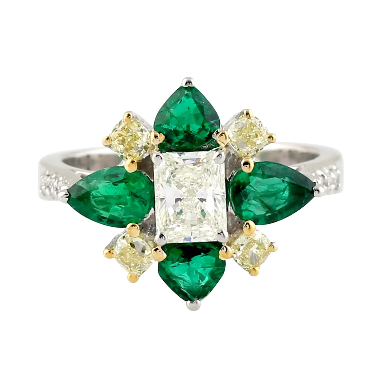 Flower Cocktail Ring Size Pear Prong Set Emerald Gemstone Diamond 18k Gold