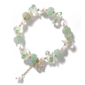 Fortune's Favor: Sterling Silver Crystal Zircon Flower Pearl Jade Beaded Bracelet