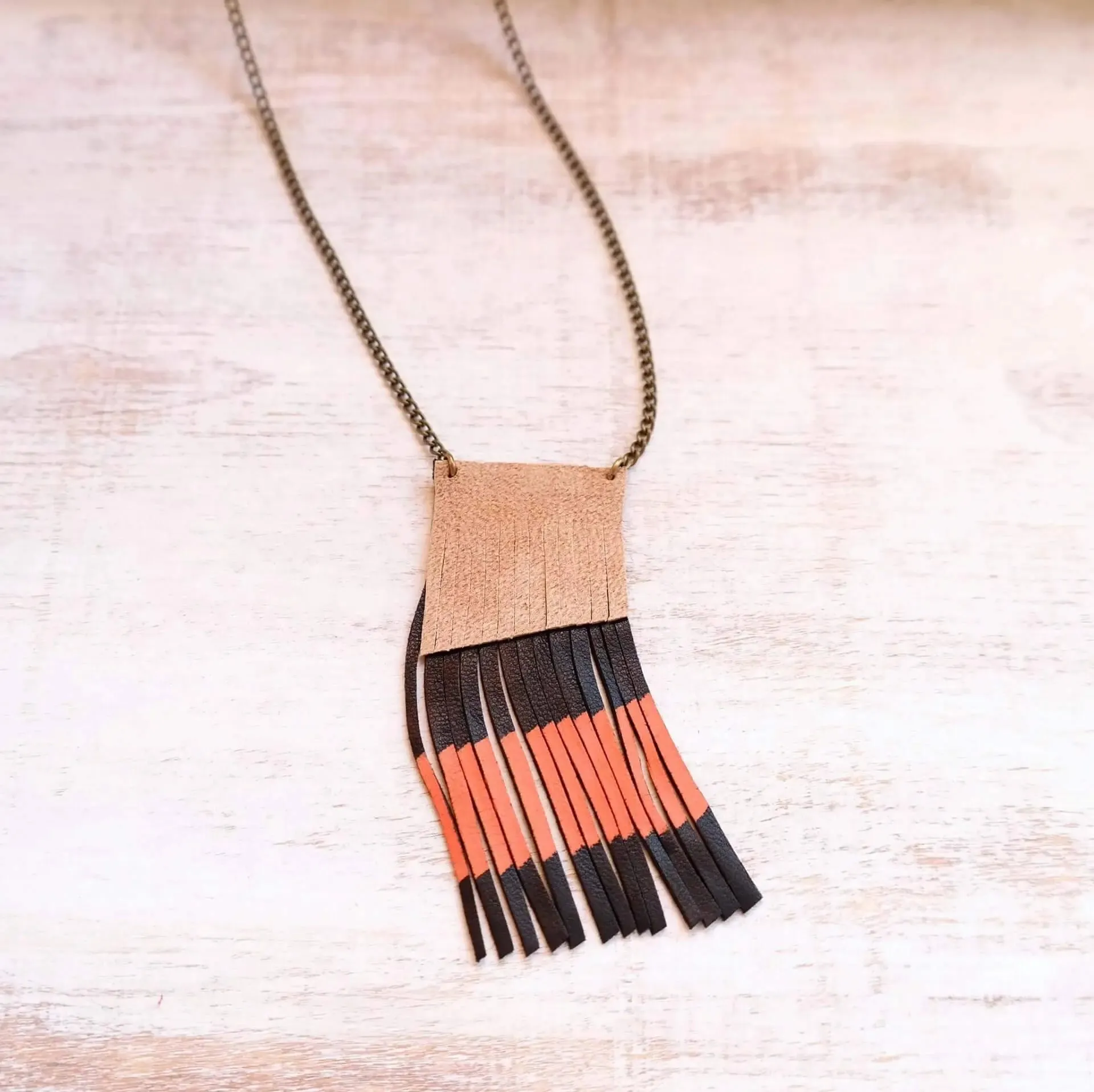 Geometric Leather Fringe Necklace - Coral Red / Nude