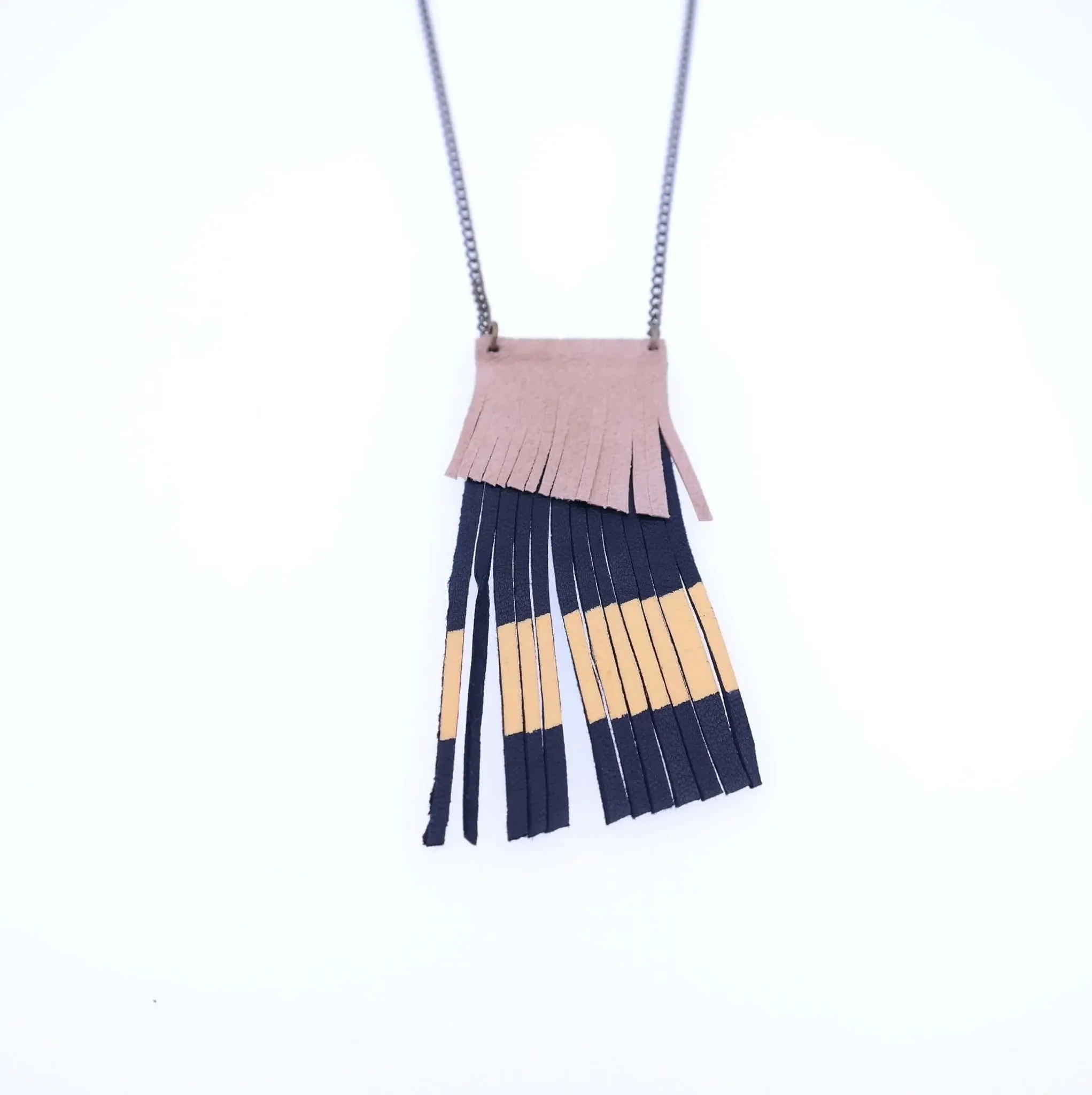 Geometric Leather Fringe Necklace - Coral Red / Nude