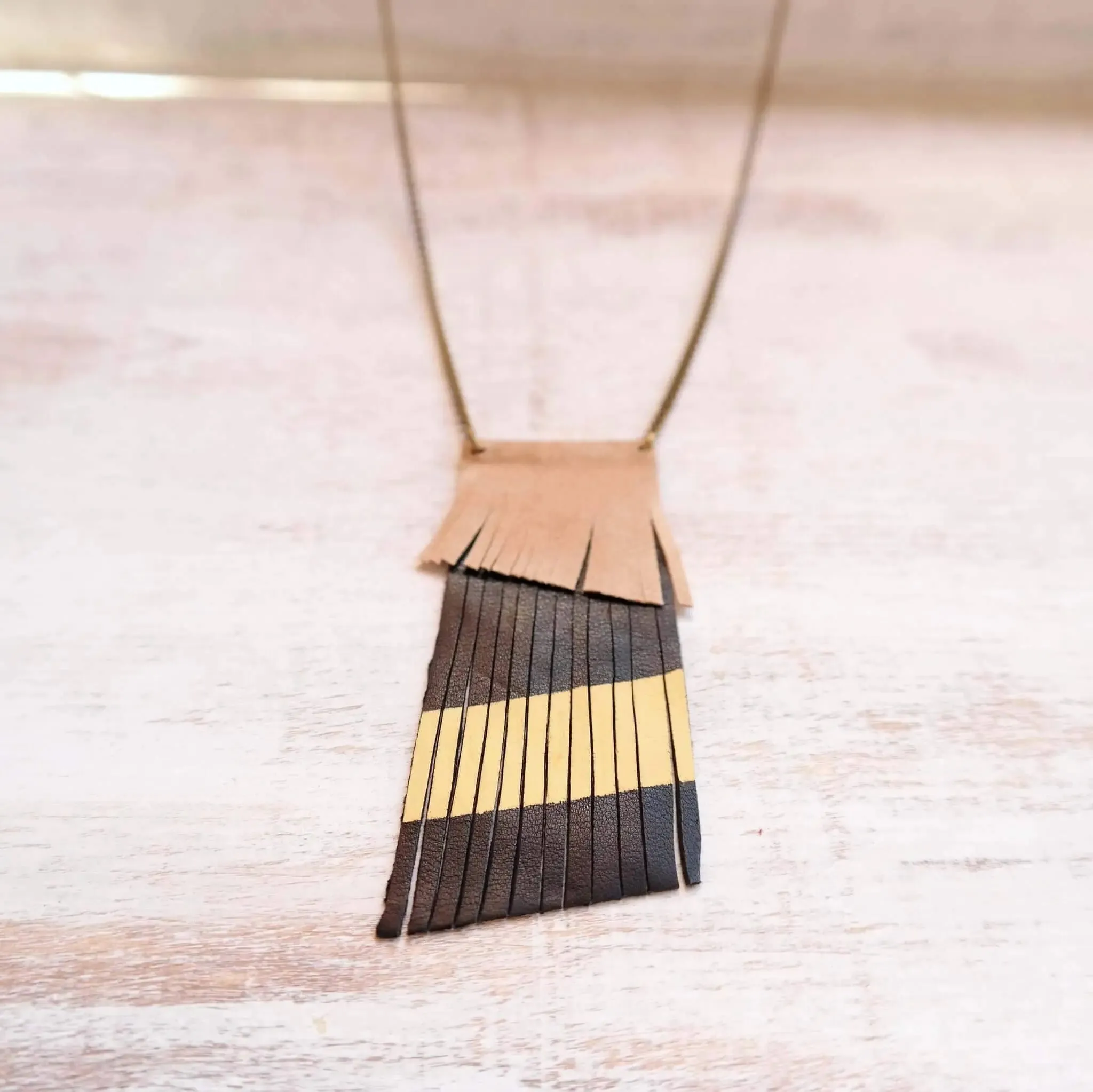 Geometric Leather Fringe Necklace - Coral Red / Nude