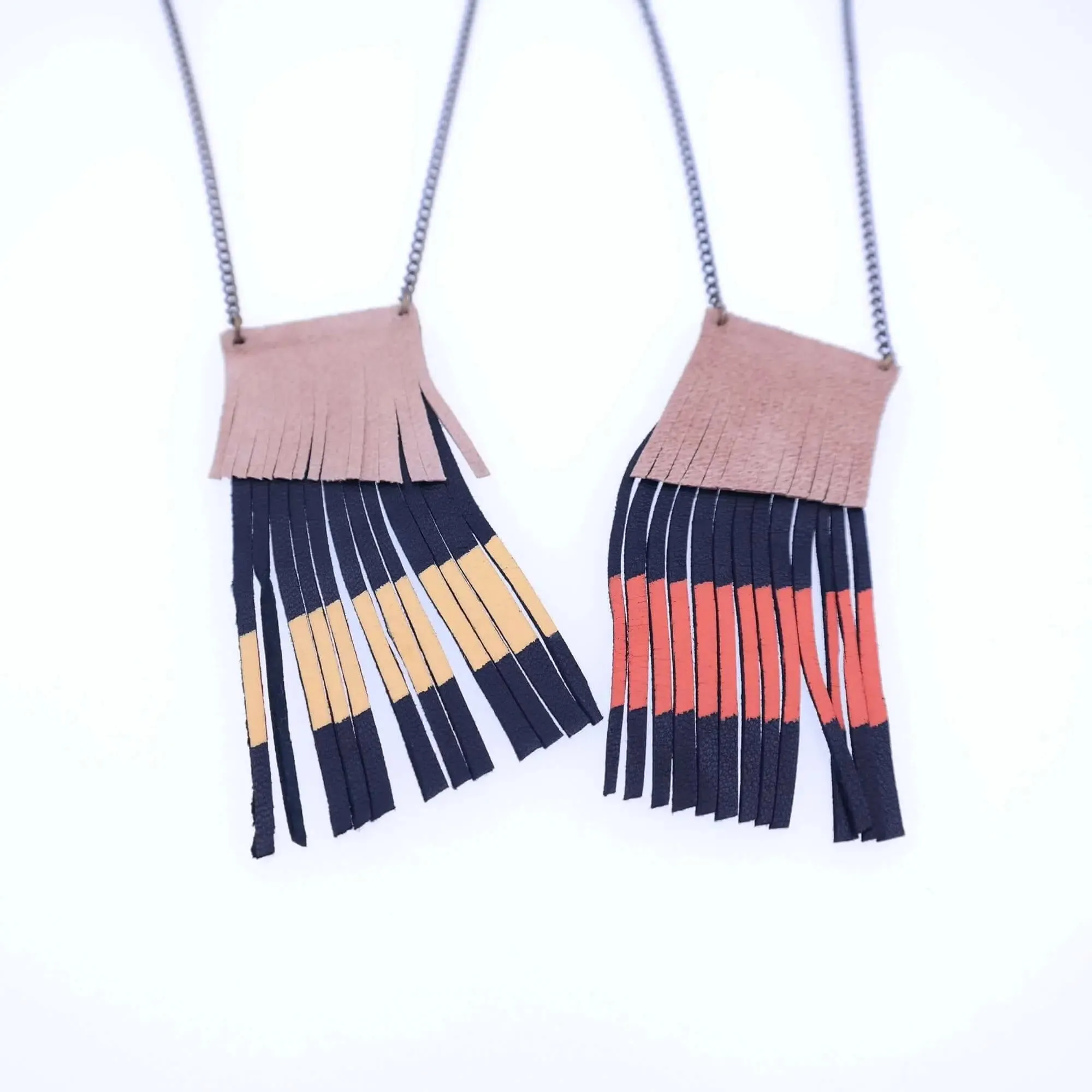 Geometric Leather Fringe Necklace - Coral Red / Nude