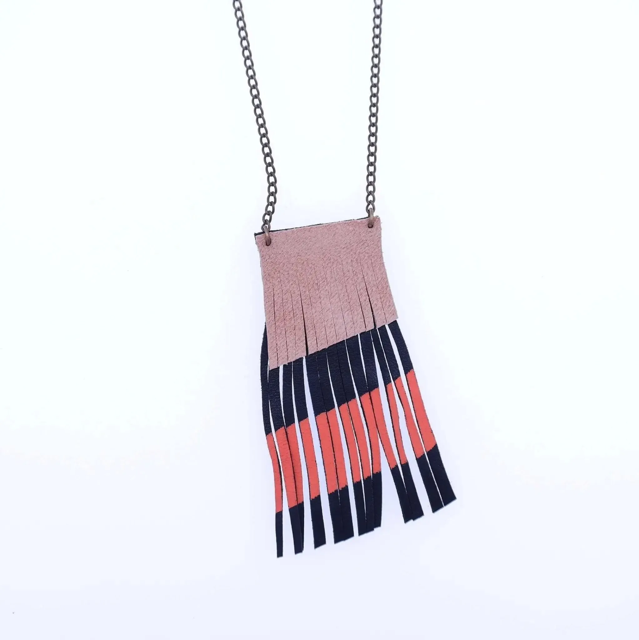 Geometric Leather Fringe Necklace - Coral Red / Nude