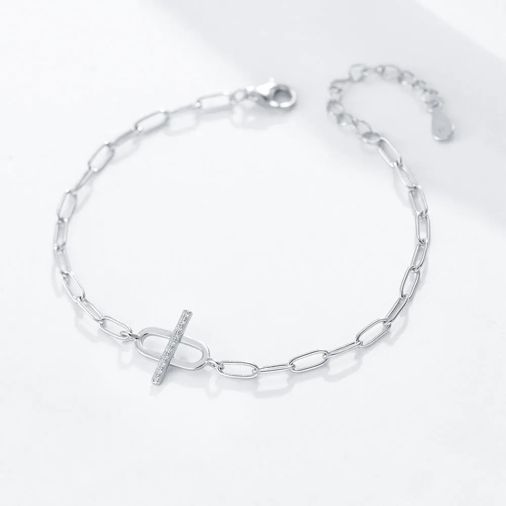 Geometric Oval with Zircon Silver Bracelet for Women