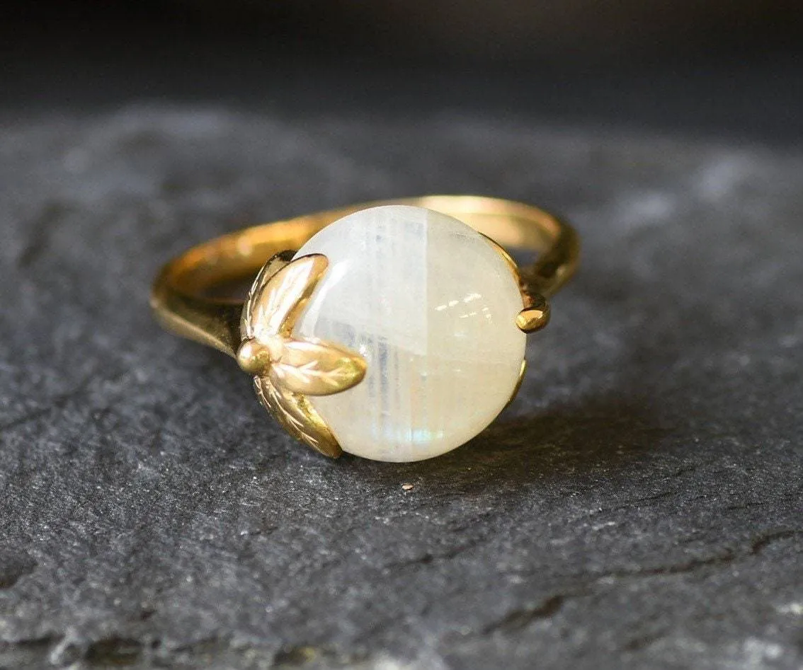 Gold Moonstone Leaf Ring - Rainbow Moonstone Ring - June Birthstone Ring