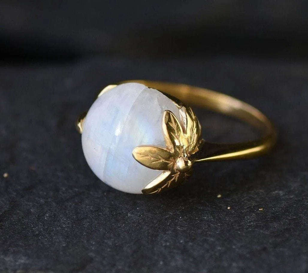 Gold Moonstone Leaf Ring - Rainbow Moonstone Ring - June Birthstone Ring
