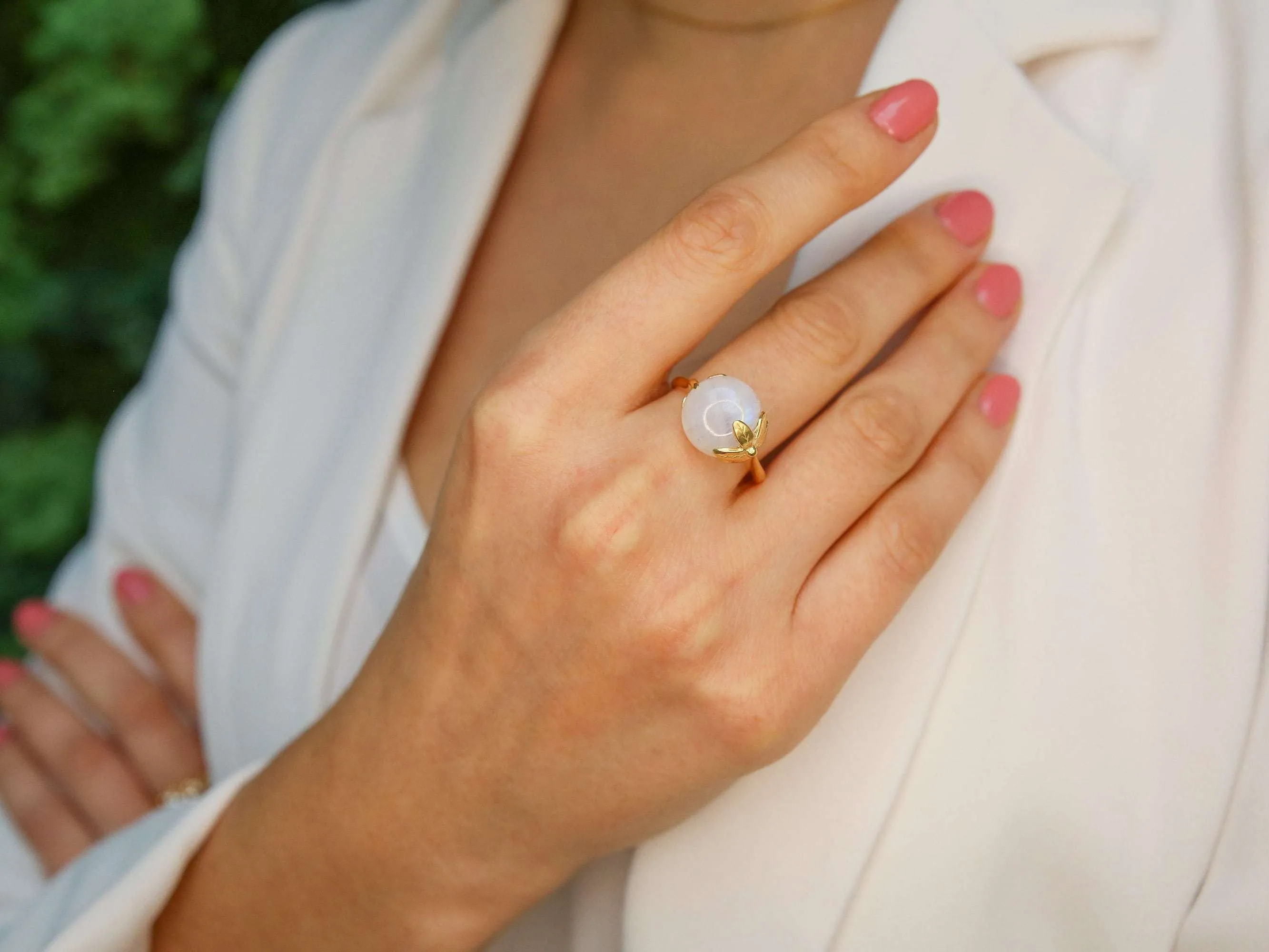 Gold Moonstone Leaf Ring - Rainbow Moonstone Ring - June Birthstone Ring