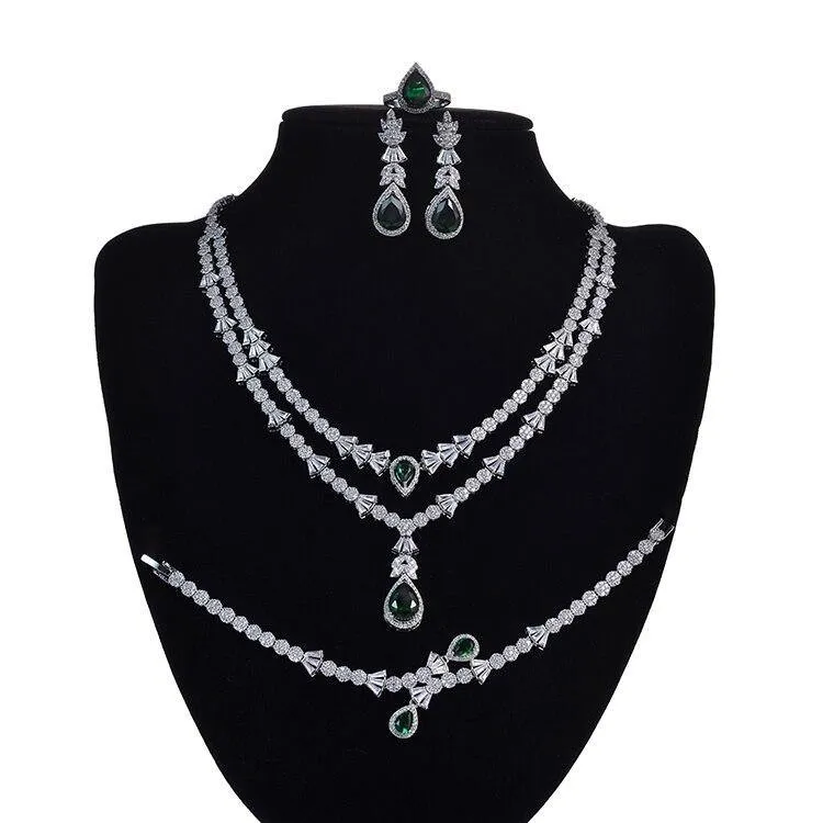 Gorgeous Necklace Earrings Ring Bracelet Bridal Set AAAA  CZ Diamonds Crystals