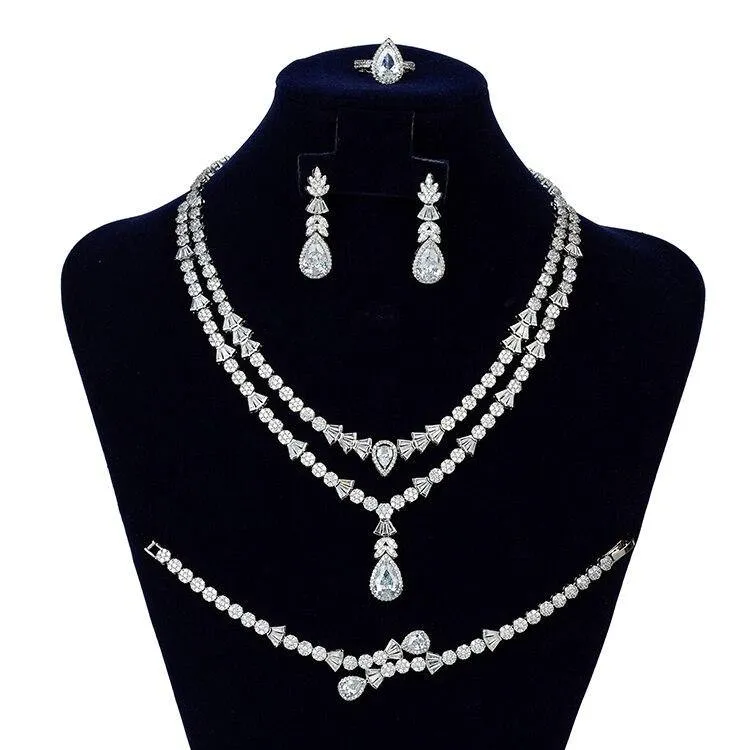 Gorgeous Necklace Earrings Ring Bracelet Bridal Set AAAA  CZ Diamonds Crystals