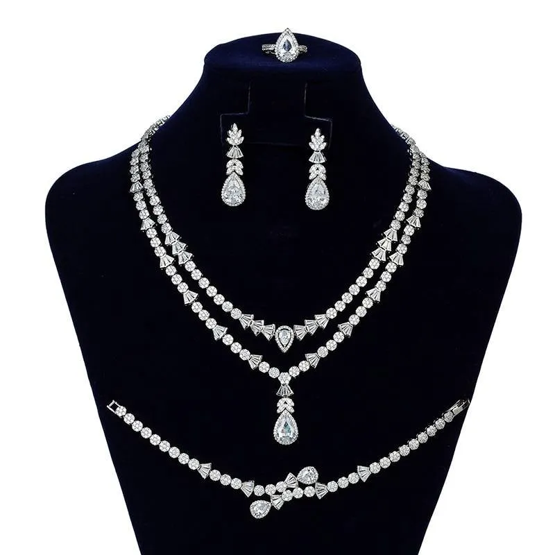 Gorgeous Necklace Earrings Ring Bracelet Bridal Set AAAA  CZ Diamonds Crystals