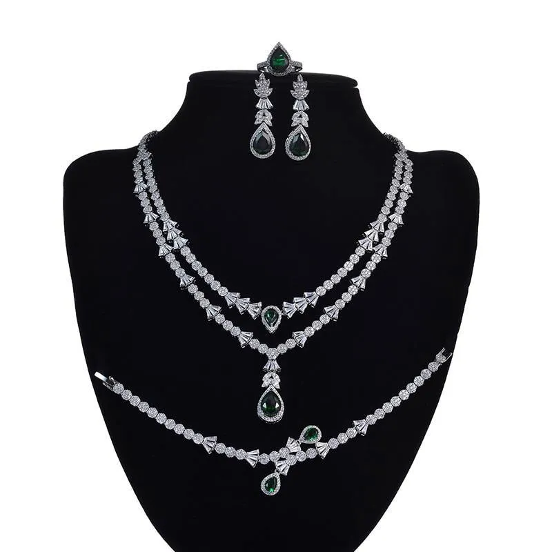 Gorgeous Necklace Earrings Ring Bracelet Bridal Set AAAA  CZ Diamonds Crystals