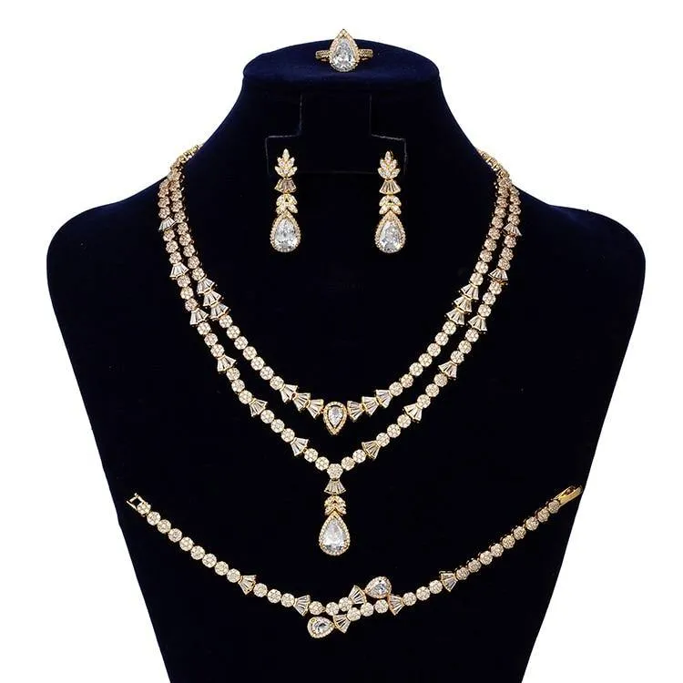Gorgeous Necklace Earrings Ring Bracelet Bridal Set AAAA  CZ Diamonds Crystals