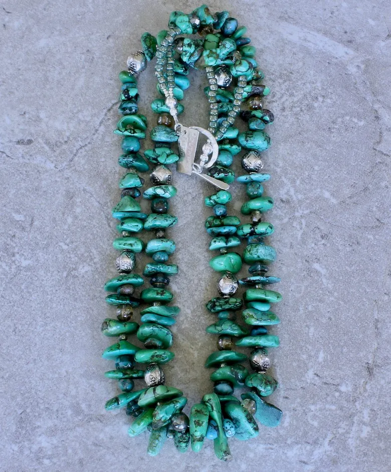Graduated Turquoise Nugget 2-Strand Necklace with Czech Glass, Handcrafted Sterling Silver Rounds, and a Hammered Sterling Silver Toggle Clasp