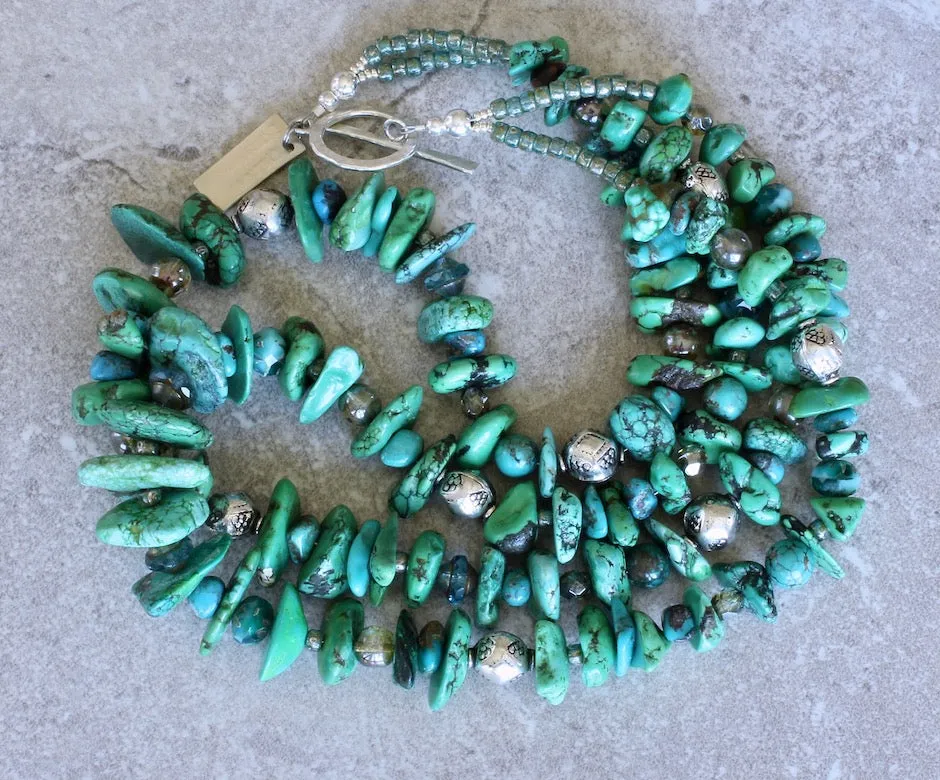Graduated Turquoise Nugget 2-Strand Necklace with Czech Glass, Handcrafted Sterling Silver Rounds, and a Hammered Sterling Silver Toggle Clasp