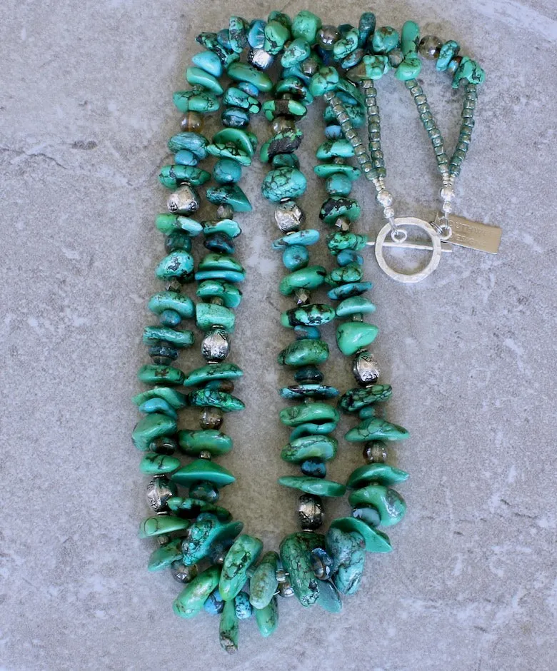 Graduated Turquoise Nugget 2-Strand Necklace with Czech Glass, Handcrafted Sterling Silver Rounds, and a Hammered Sterling Silver Toggle Clasp