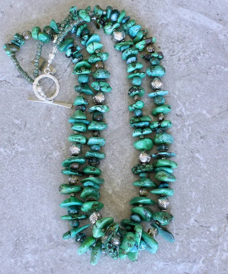 Graduated Turquoise Nugget 2-Strand Necklace with Czech Glass, Handcrafted Sterling Silver Rounds, and a Hammered Sterling Silver Toggle Clasp