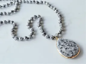 Gray Black Long Jasper Stone Pendant Knotted Bead Statement Necklace - Erin