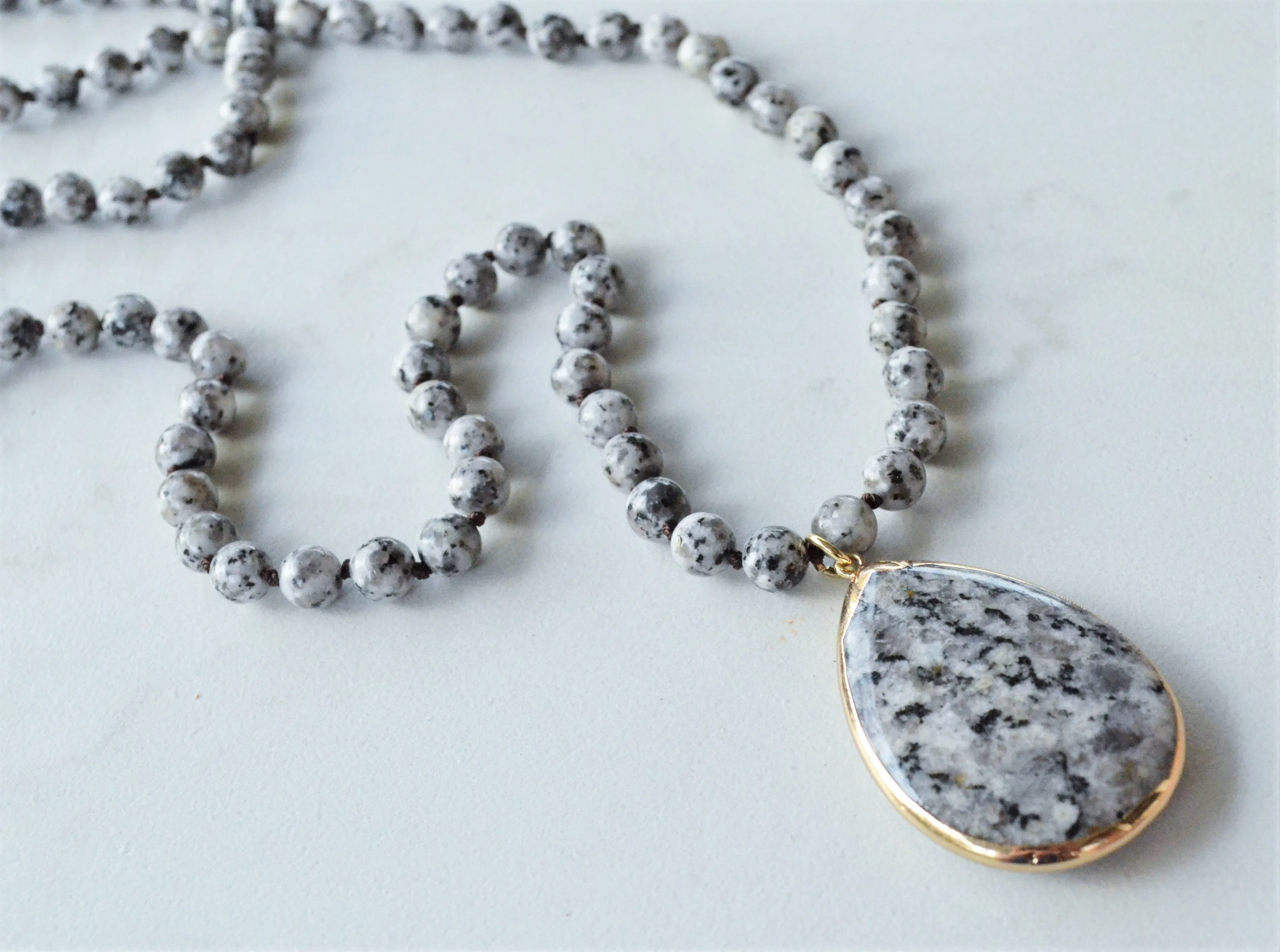 Gray Black Long Jasper Stone Pendant Knotted Bead Statement Necklace - Erin