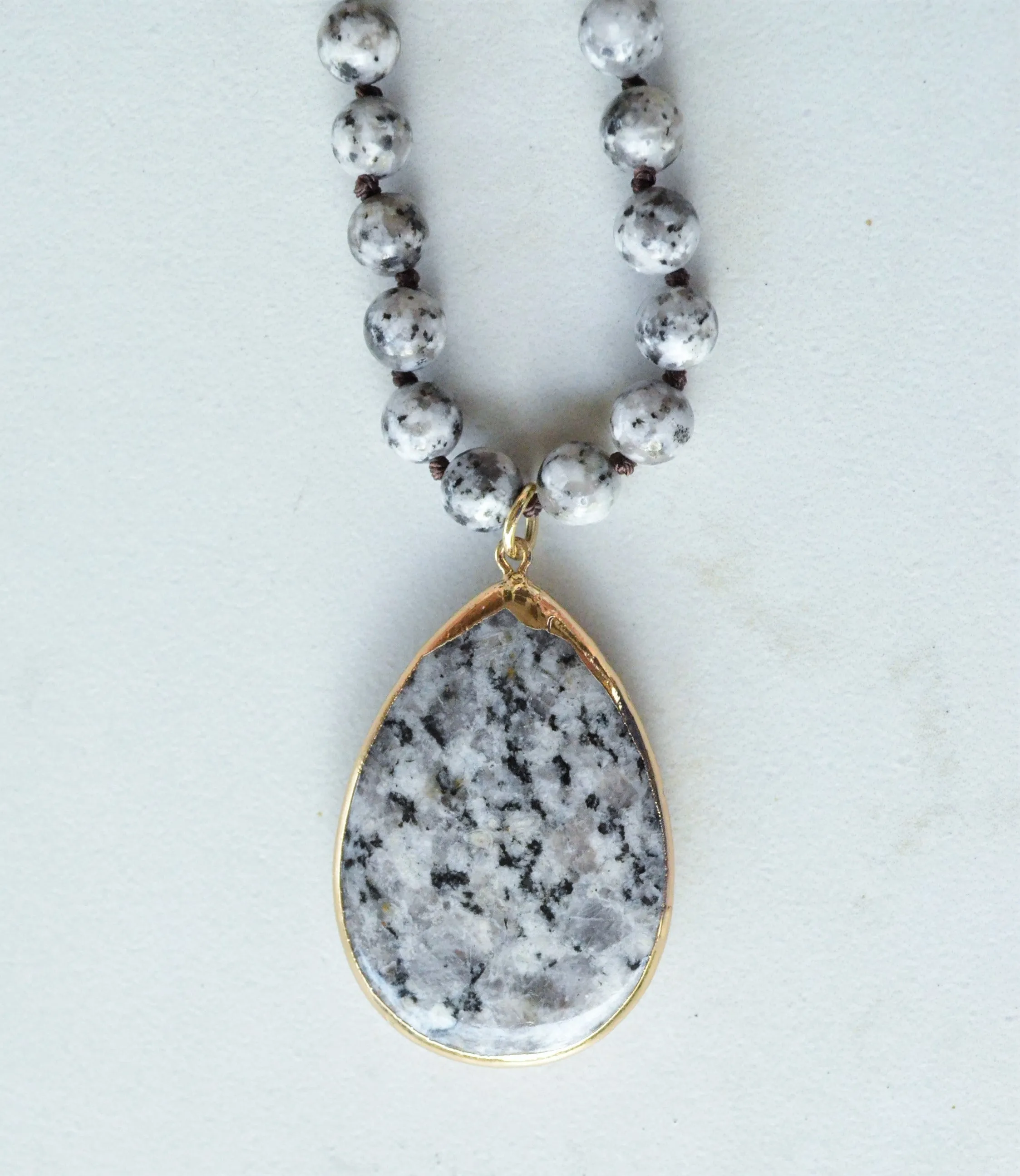 Gray Black Long Jasper Stone Pendant Knotted Bead Statement Necklace - Erin